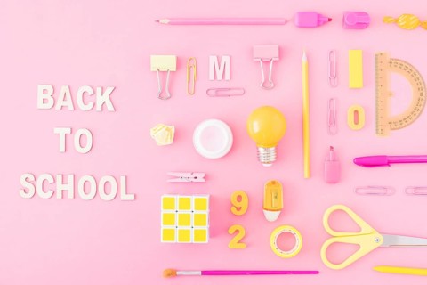 Back school writing near stationery