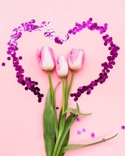 Bouquet flowers heart frame pink background