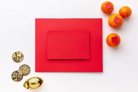 Card mock up with golden coins chinese new year