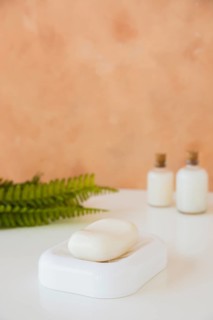 Close up soap bar soap dish with copy space