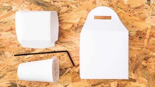 Elevated view white takeaway food wooden background