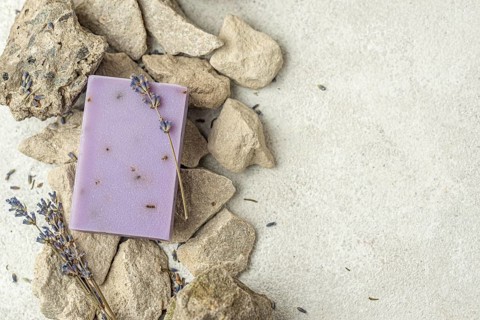 Lavender soap rocks with copy space