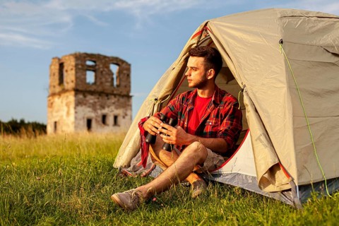 Male camping tent with binocular