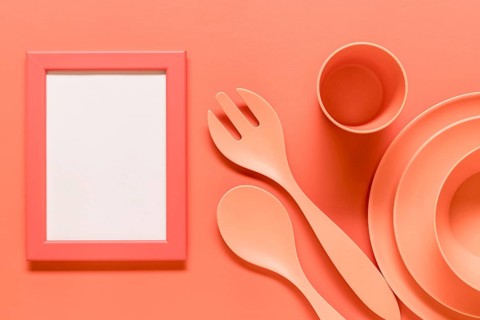 Pink composition with empty frame plastic dishes