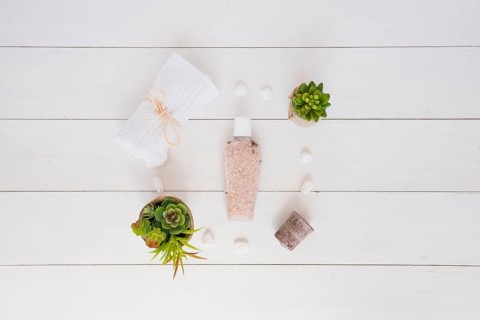 Skin care tools flower pots wooden table