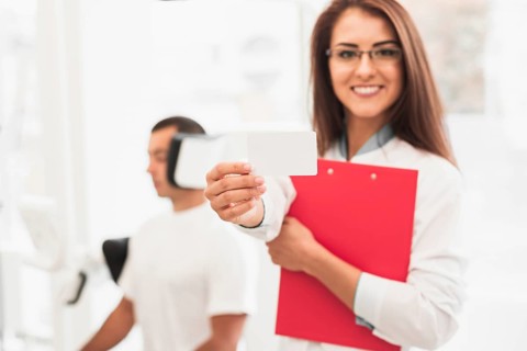Smiling female doctor showing card mock up