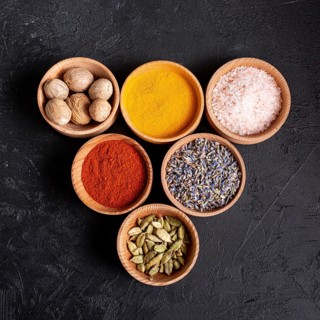 Top view bowls with assortment spices salt
