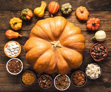 Top view circular food arrangement with big pumpkin