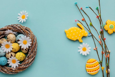 Top view easter eggs basket with chamomile flowers