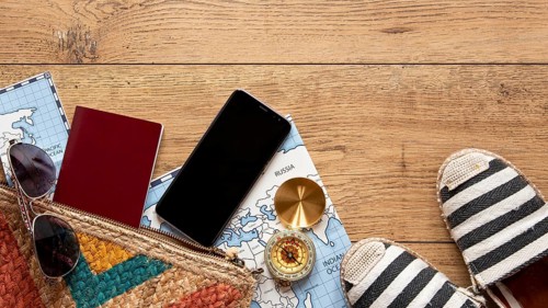 Top view tourism elements assortment