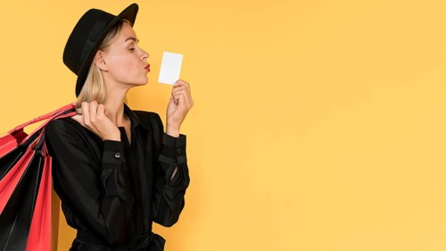 Woman black friday sale kissing gesture copy space