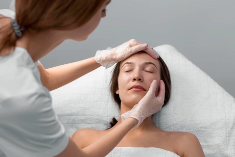 Beautician with female client salon face care routine 6