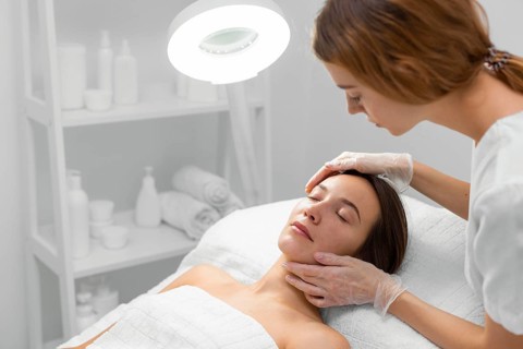 Beautician with female client salon face care routine 8