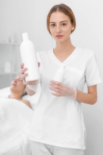 Beautician with lotion female client 2