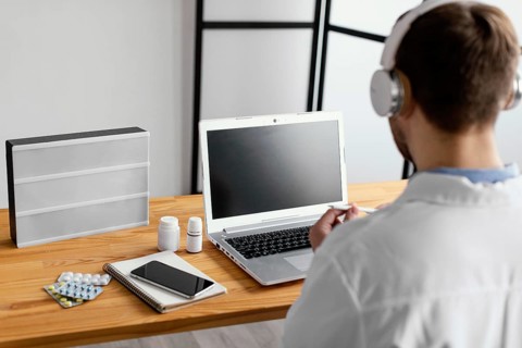 Close up doctor wearing headphones