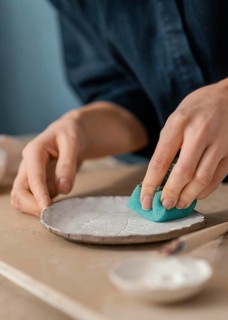 Close up hand using blue sponge