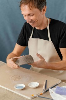 Close up smiley man doing pottery