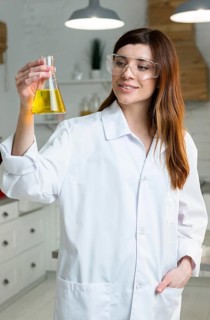 Front view female scientist with safety glasses holding test tube