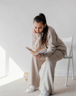 Full shot woman chair reading
