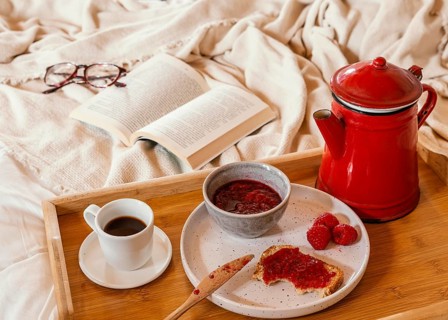 High angle arrangement with tasty breakfast
