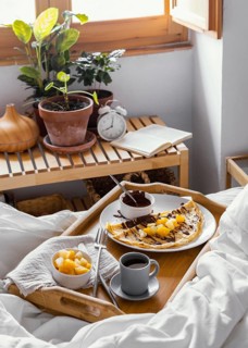 High angle tasty breakfast tray bed