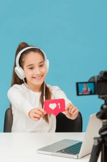 Pretty young girl happy record video