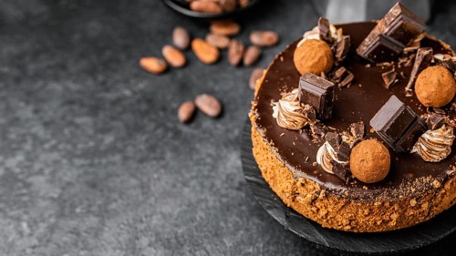 High angle delicious chocolate cake stand