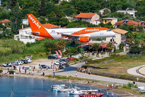 An EasyJet Airbus A319 aircraft with the registration number OE-LQF at Skiathos Airport