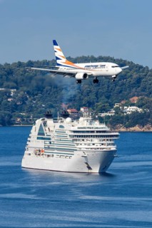 A Boeing 737-700 Smartwings aircraft with the registration OK-SWT at Skiathos Airport