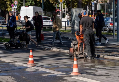 Road construction site next to a tram station