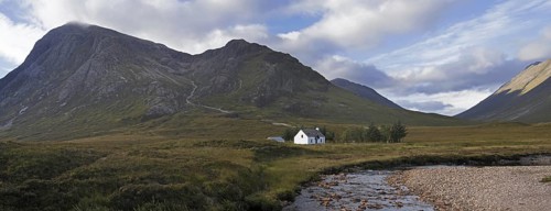 The remote Lagangarbh Hut along River Coupall in front of Buachaille Etive Mor in Glen Coe