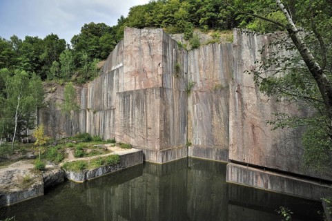 The abandoned red marble quarry Carriere de Beauchateau at Senzeilles in the Belgian Ardennes