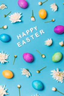 Happy easter title bright eggs flower buds