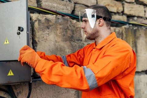 Side view electrician uniform with protective gloves face shield