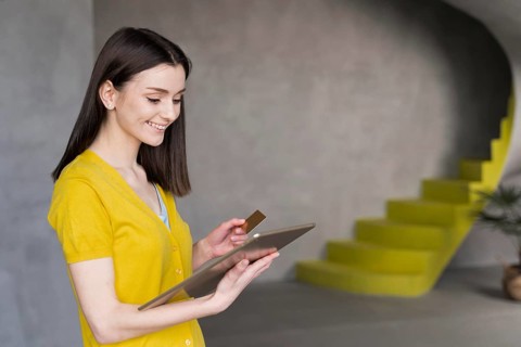 Side view woman holding tablet credit card