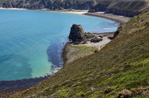 Cliffs with rocks and the English Channel at Cap Frehel near Plevenon