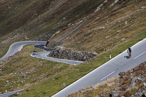 Racing cyclists on the Timmelsjoch High Alpine Road between Austria and Italy