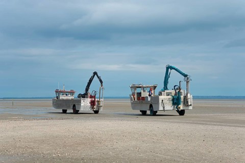 Amphibious vehicle in the Wadden Sea on the way to the mussel harvest