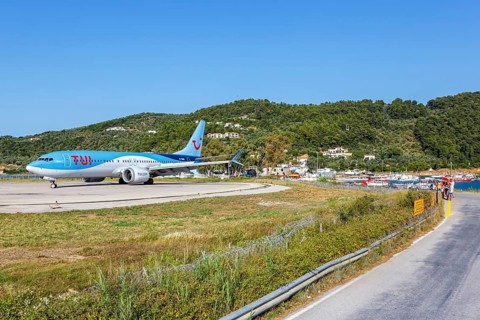 A TUI Boeing 737 MAX 8 aircraft with the registration G-TUMS at Skiathos Airport