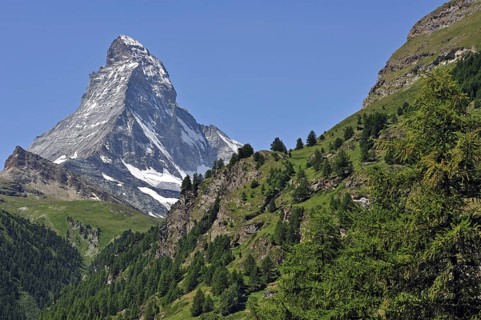View over the Matterhorn mountain with alpine meadows and pine forests in the Swiss Alps