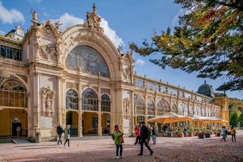 Spa promenade with spa colonnade in the autumnal spa park