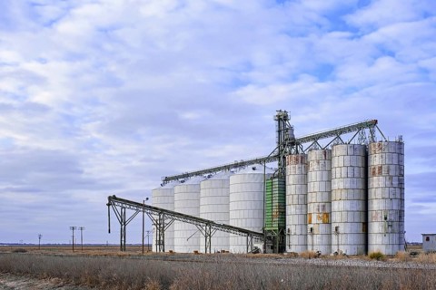 Silos connected to a grain elevator in Eastern Texas