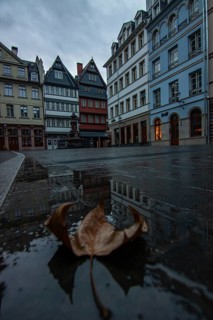 Reflection in a puddle between a historic city centre. Cityscape at the Roemer and the historic houses and streets. Cityscape in Frankfurt am Main