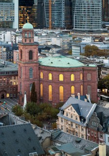 View of the historic city centre with St Paul's Church in front of the banking district