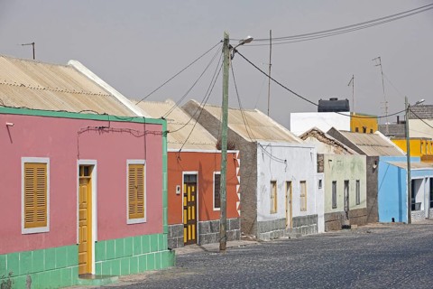 Street with colourful houses in the village Rabil on the island Boa Vista