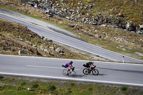 Bikepacker on the Timmelsjoch High Alpine Road between Austria and Italy