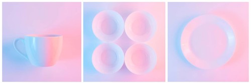 Set white cup bowls plate with light pink background