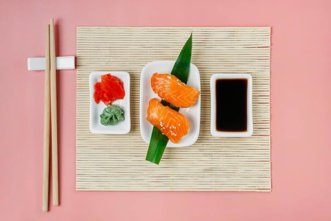 Top view traditional japanese sushi composition