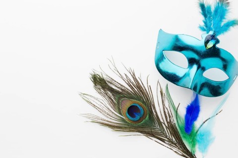 Close up carnival mask with peacock feather