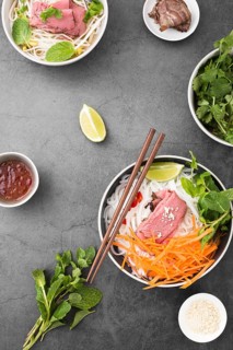 Top view variety noodles with carrots